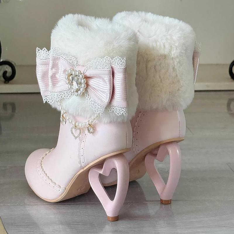 Kawaii Womens Shoes Japanese Style Lolita Cosplay Dress Boots For Girls Cute Bow Pearl Hollow-Out Heels Plush Winter Boots Woman