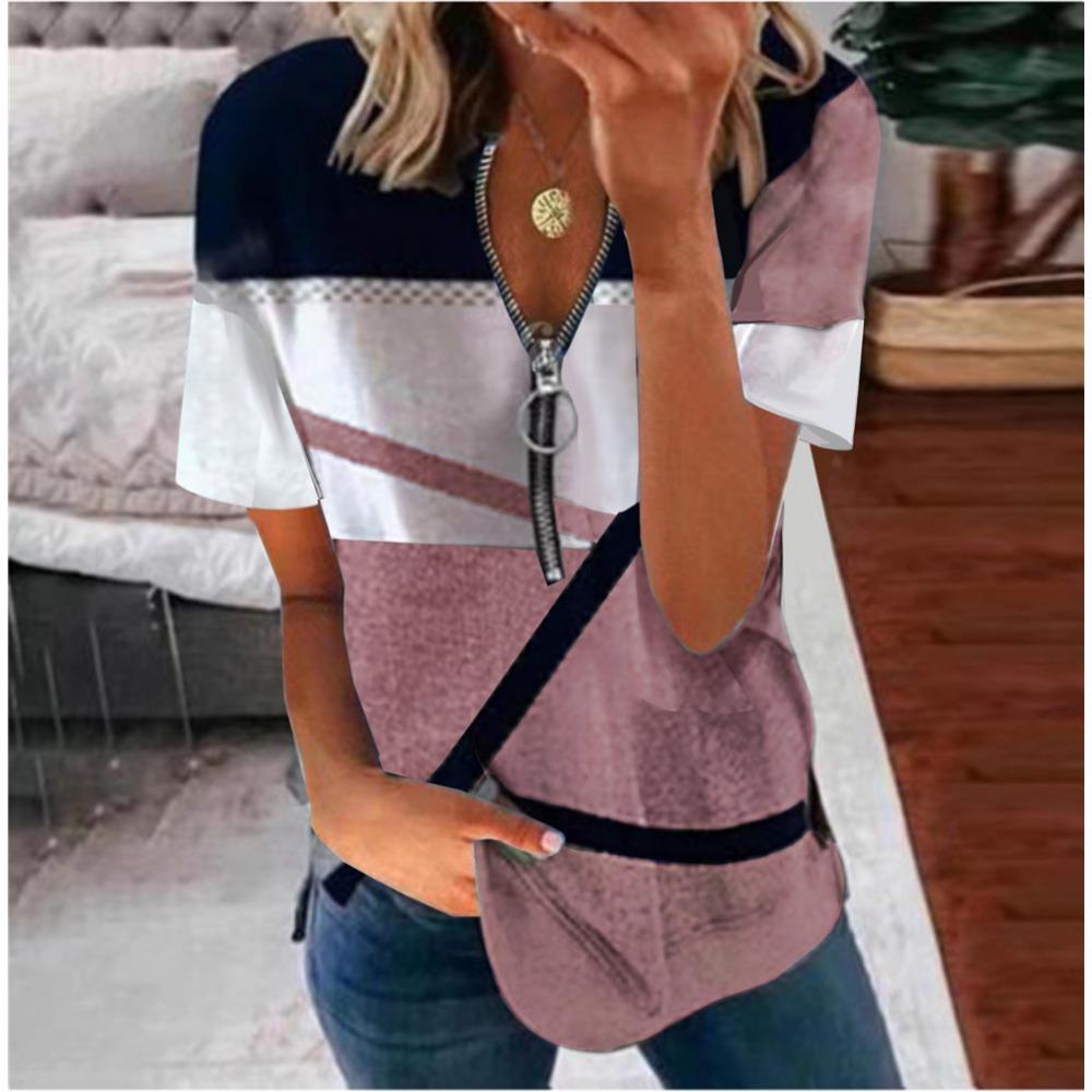 EastRogue Women's Fashion Casual Summer Print Short Sleeve Zip Collar Loose Blouses & Shirts