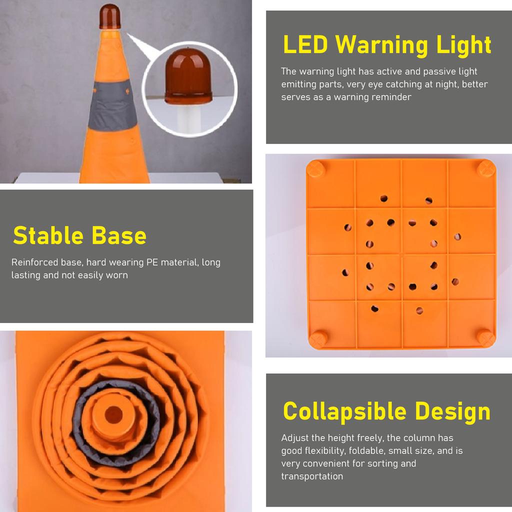 Traffic Safety Cone 30x19x19cm Collapsible Portable Reflective Parking Cone with LED Warning Light