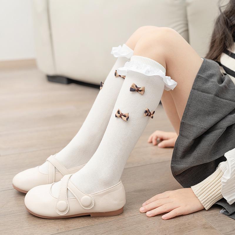 2024 New Girls Mid-Calf Lolita Plaid & Leopard Print Lace Children s Cotton Socks One Size Mid-Calf