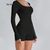 European-American Style Square Neck Backless Fitness Jumpsuit with Long & Short Sleeves