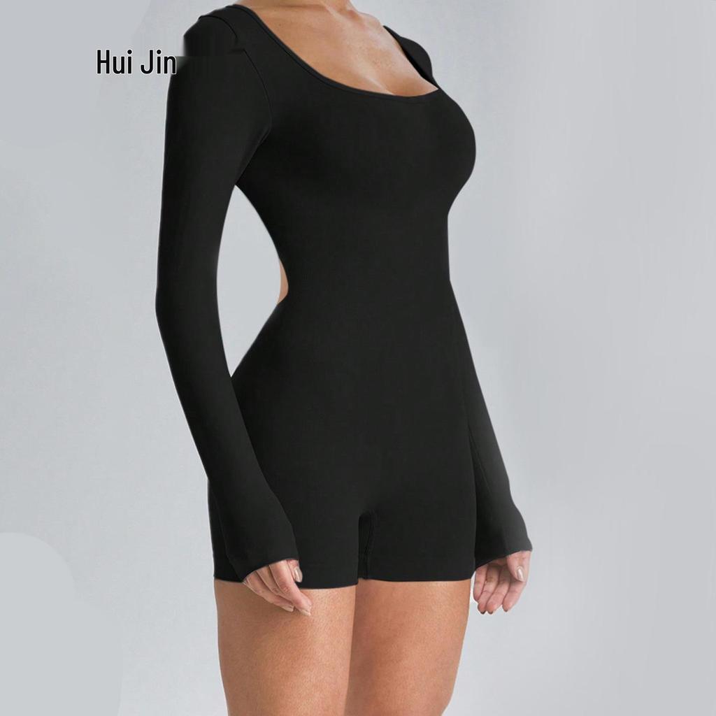 European-American Style Square Neck Backless Fitness Jumpsuit with Long & Short Sleeves