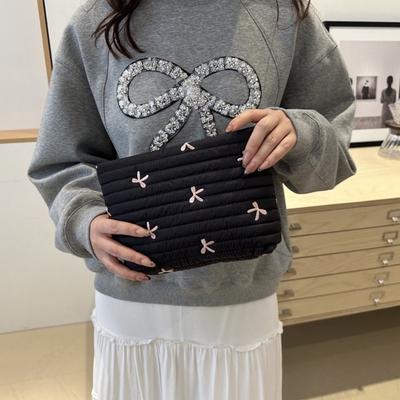 Embroidery Bow Cosmetic Bag Multi-functional Quilted Toiletry Bag Polyester with Zipper Sanitary Napkin Storage Bag Women