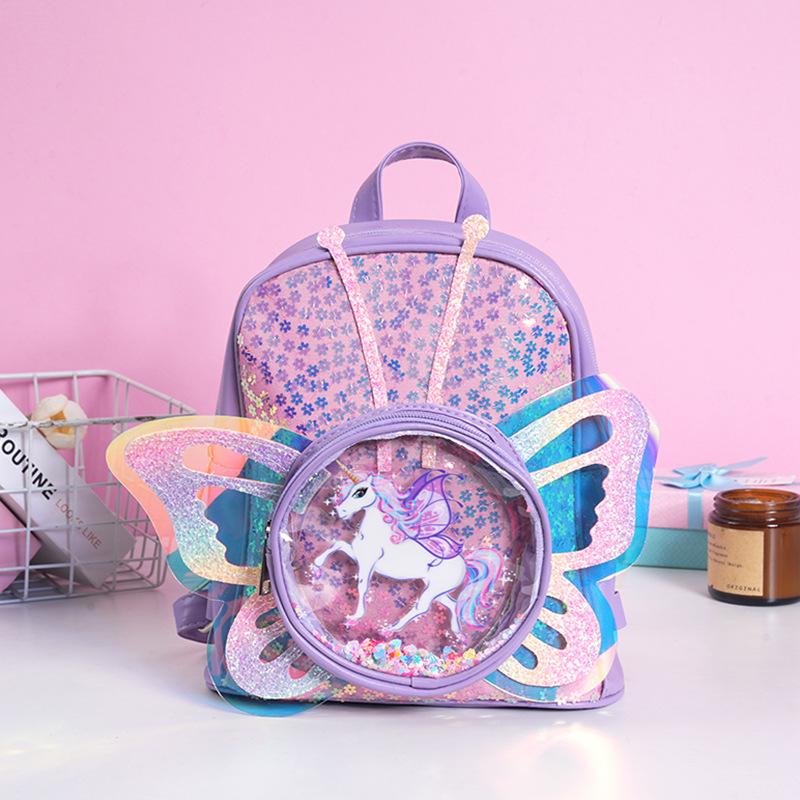 

New fashion trend kids bag cartoon unicorn sequin laser transparent butterfly wing backpack 23*10*25