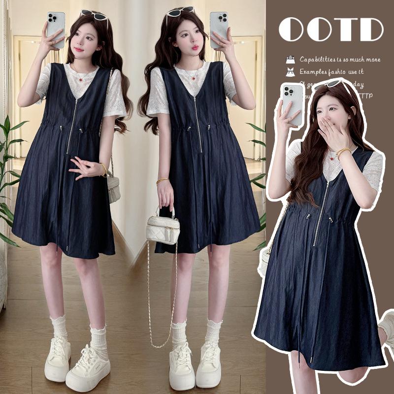 2026 Summer Slimming Half-Zip Lace Maternity Overalls Short Sleeve Layered Dress Set XL