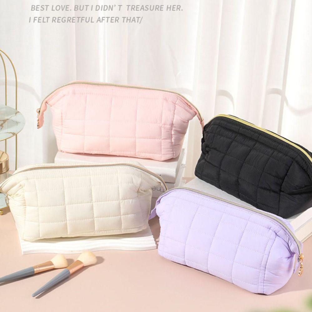 Puffy Padded Travel Cosmetic Bag Solid Color Wide-open Makeup Bag Women Makeup Organizer Case Large Capacity Toiletry Bag