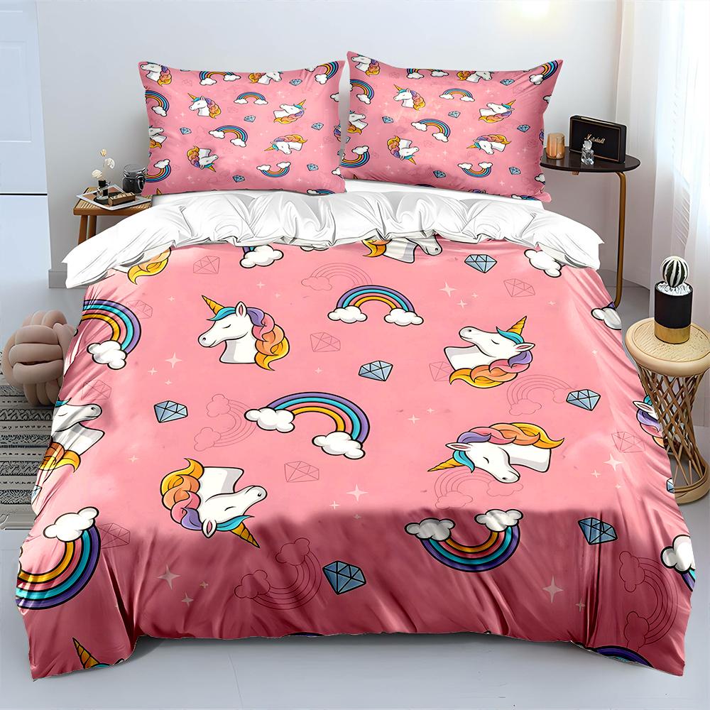 Pink Background Unicorn Rainbow Bedding Set For Kids Luxury Gift 3Pcs Digital Print Comforter Set Soft Comfortable Breathable