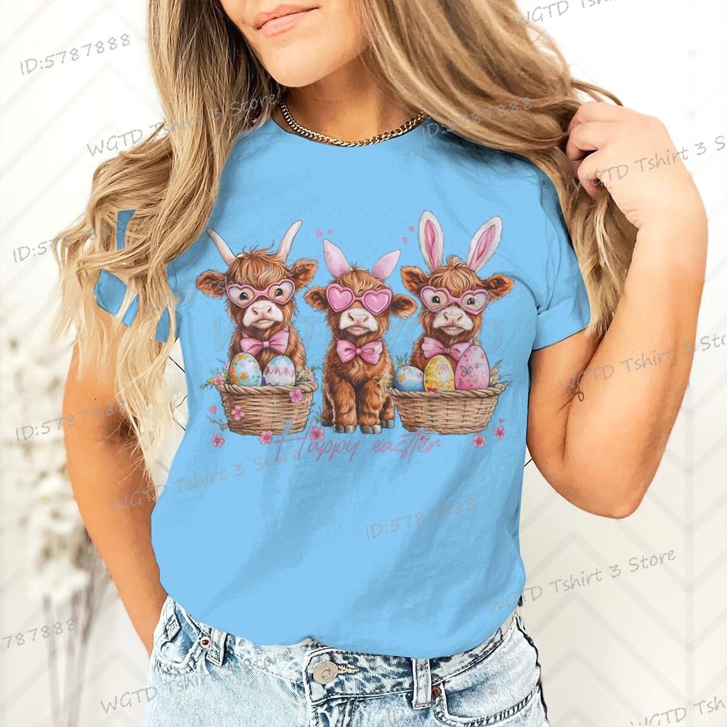 Happy Easter Day T-shirt Female Easter Cute Highland Cow Graphic T Shirts Women Cute Cow Gift for Women Retro Easter Vibes Shirt