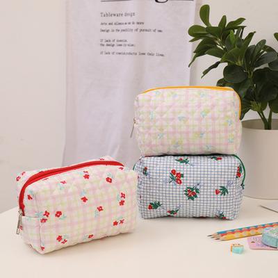 Pencil Bag Plaid Multi-purpose Large Capacity Dustproof Zipper Closure Storage Portable Flower Print Travel Cosmetic Sundry Storage Pouch for Outdoor