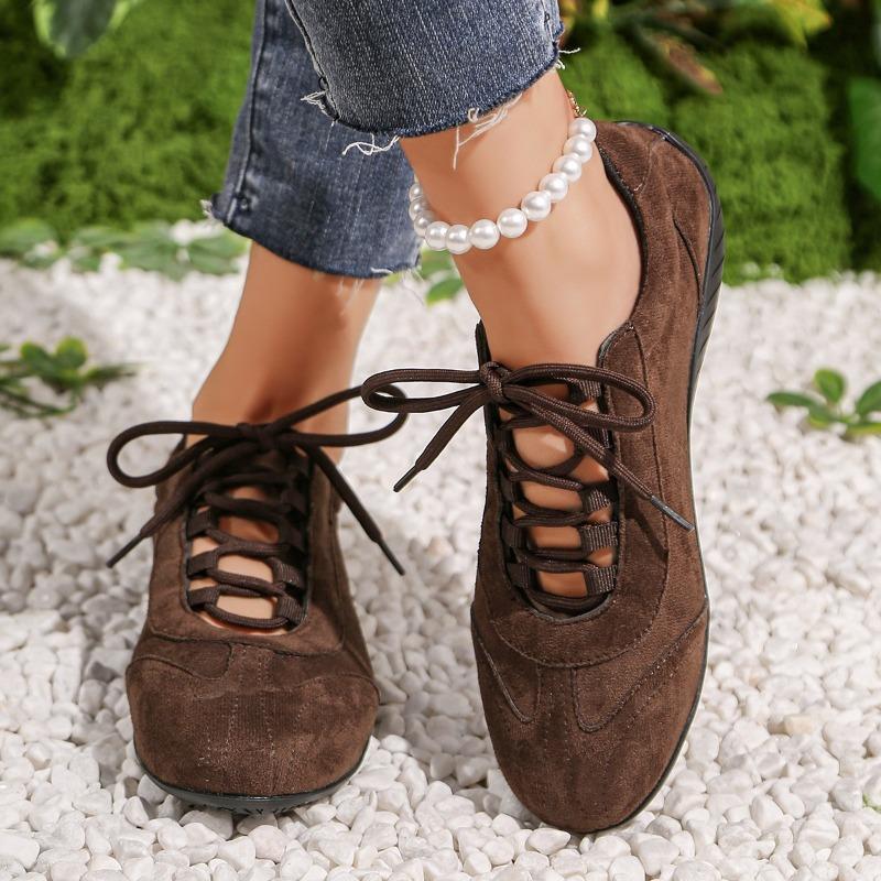 Women's Round-Toe Lace-Up Training Casual Sports Shoes, Solid Color Versatile Footwear, Available In Large Sizes.
