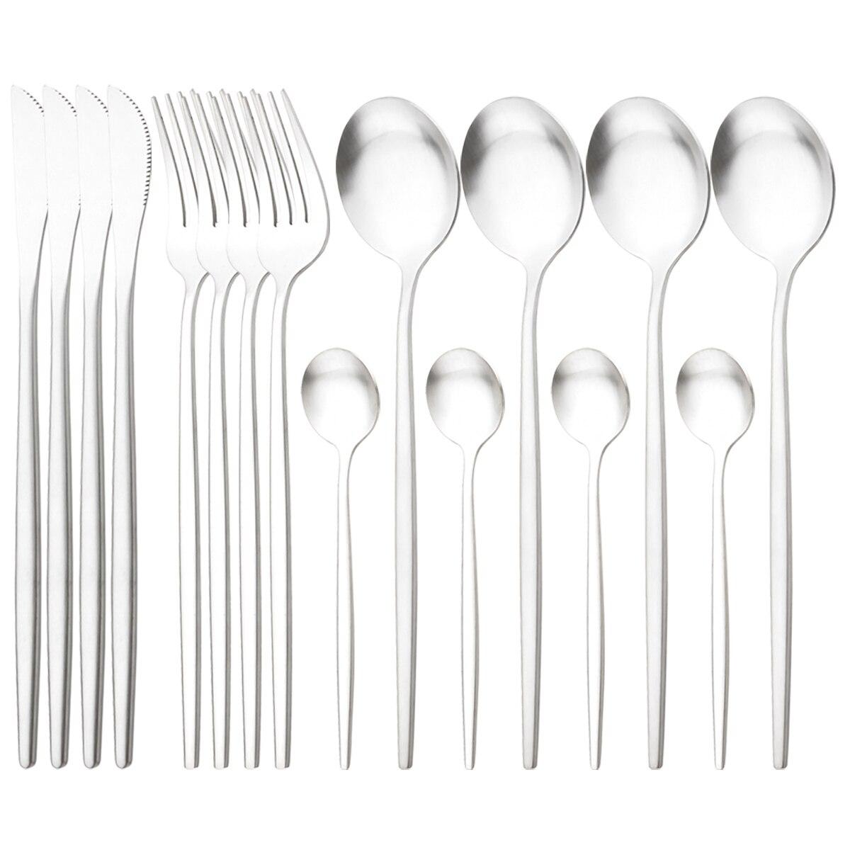 

16 шт. матовый набор посуды, обеденный нож, вилка, чайная ложка, столовые приборы, столовые приборы в стиле вестерн, столовые приборы из нержавеющей стали, кухонный набор столового серебра серебряный