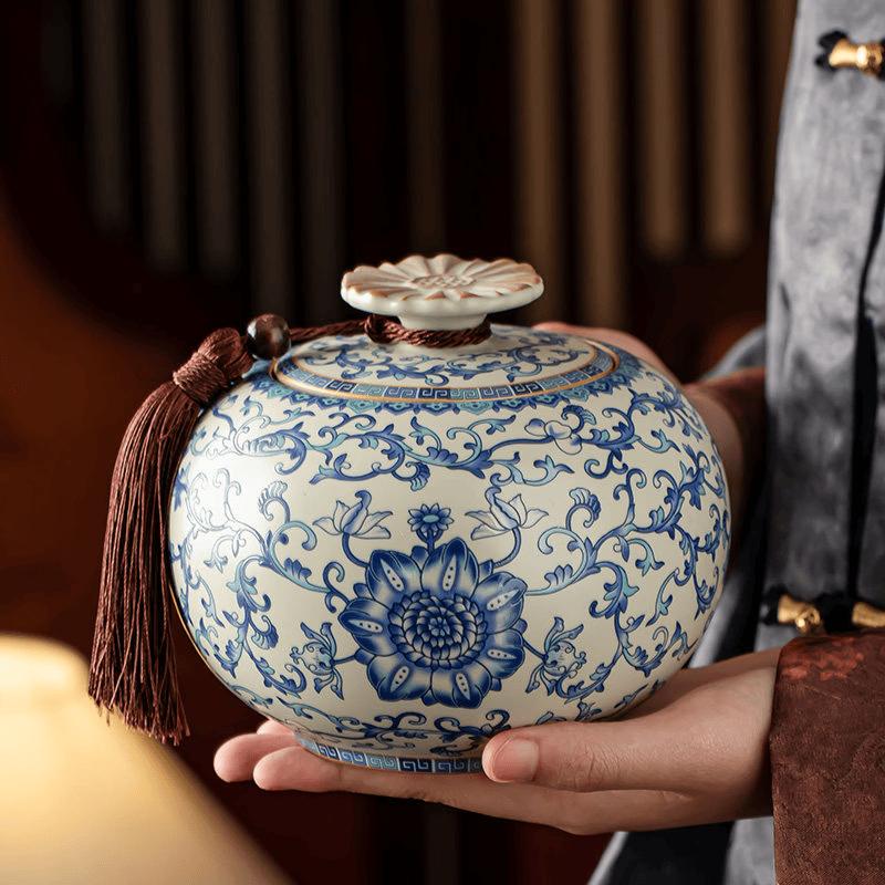 Ru Ware Blue & White Lotus Ceramic Tea Caddy