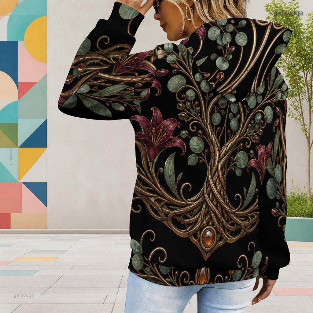 Women Plus Size Long Sleeve Drawstring Hoodie Floral Tree Printed Black Pullover Kangaroo Pocket