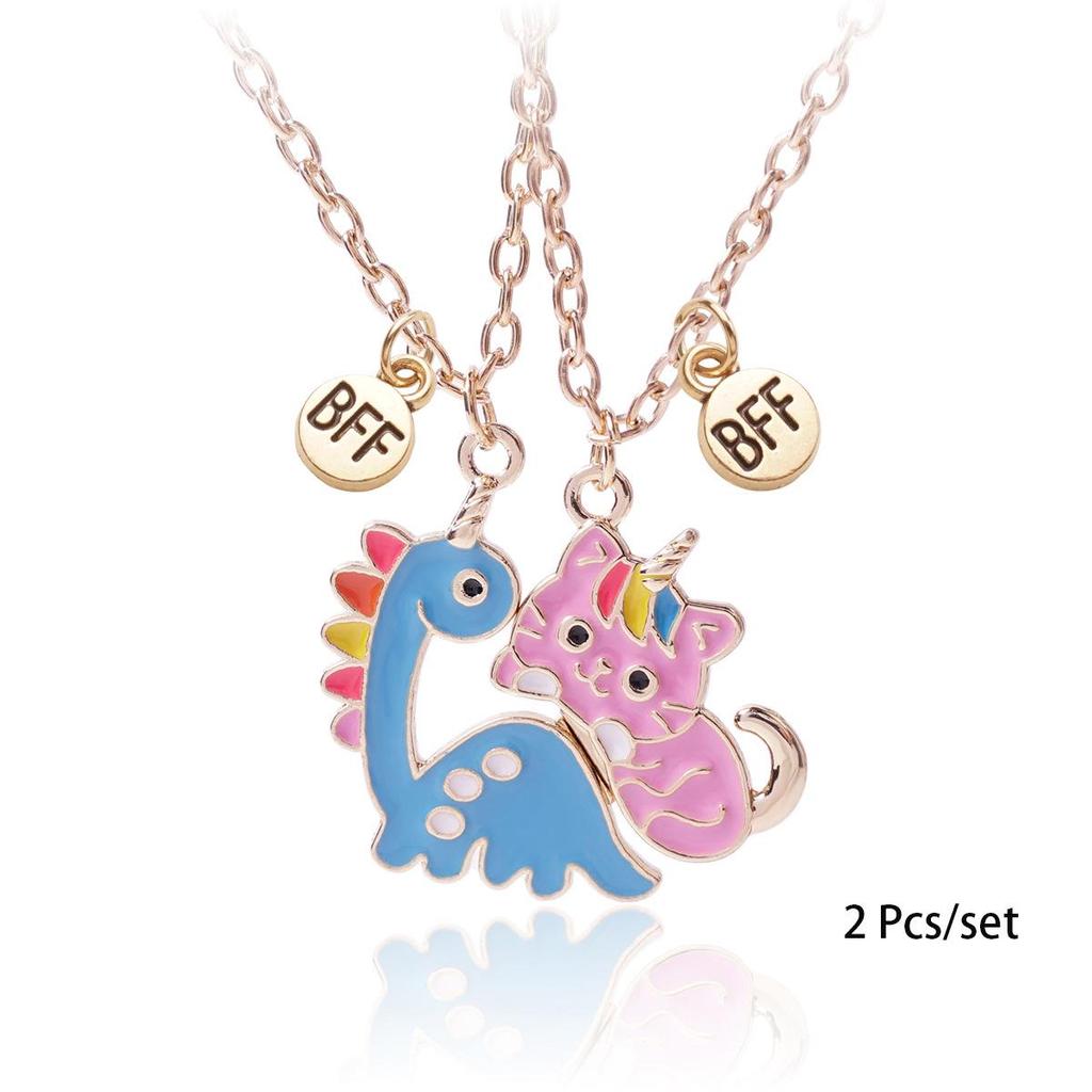 Pink & Blue Kitten Magnetic BFF Necklace Set – Cartoon Alloy Drip Oil Charm