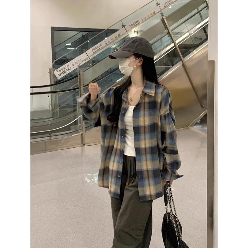 Korean Style Plaid Turn-Down Collar Long Sleeve Women's Shirt - Spring/Summer Casual Loose Mid-Length Sun Protection Top