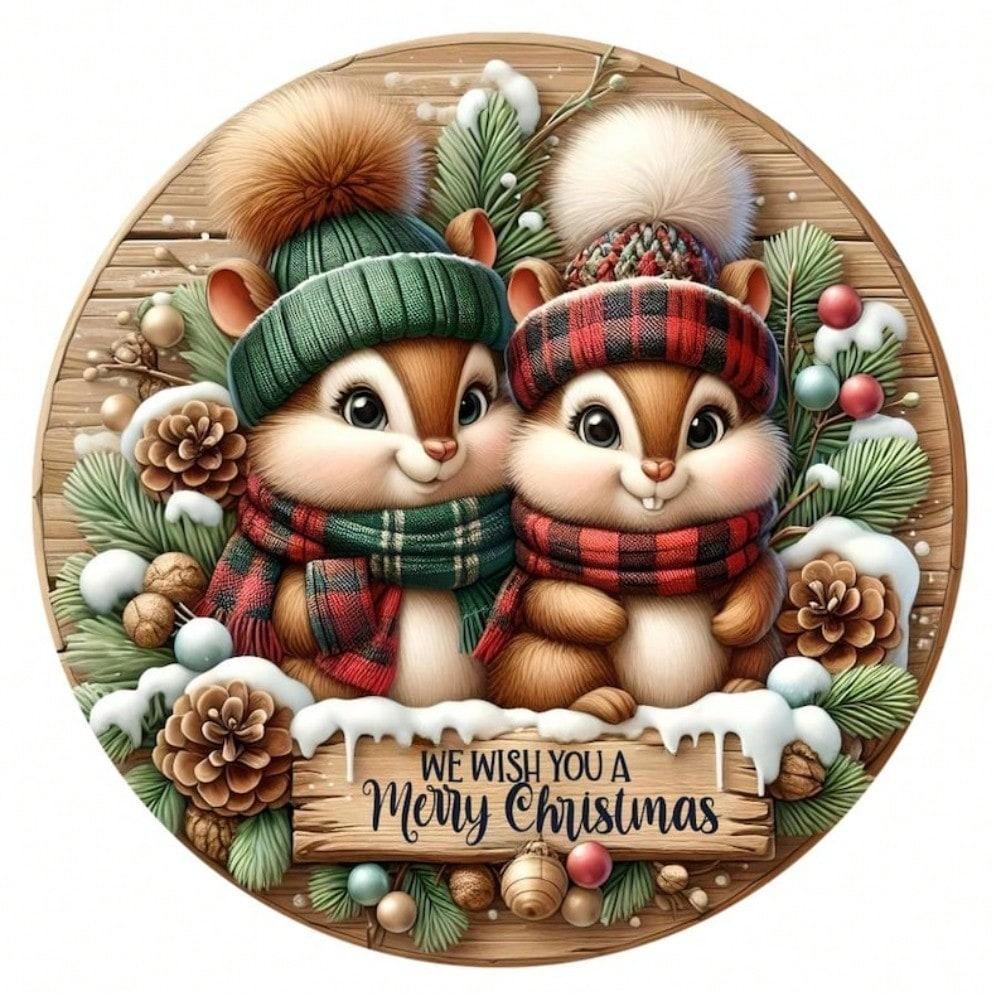 

Christmas Chipmunks Wreath Metal Sign Round Winter Holiday Decoration TYA52539-20x20cm різнокольоровий
