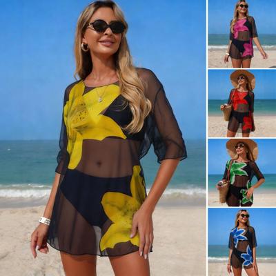 3Pcs/Set Women Swimsuit Set V-Neck Sling Bra High Waist Briefs Bikini Set with Breathable Mesh Cover-Up Vacation Party Summer Swimwear