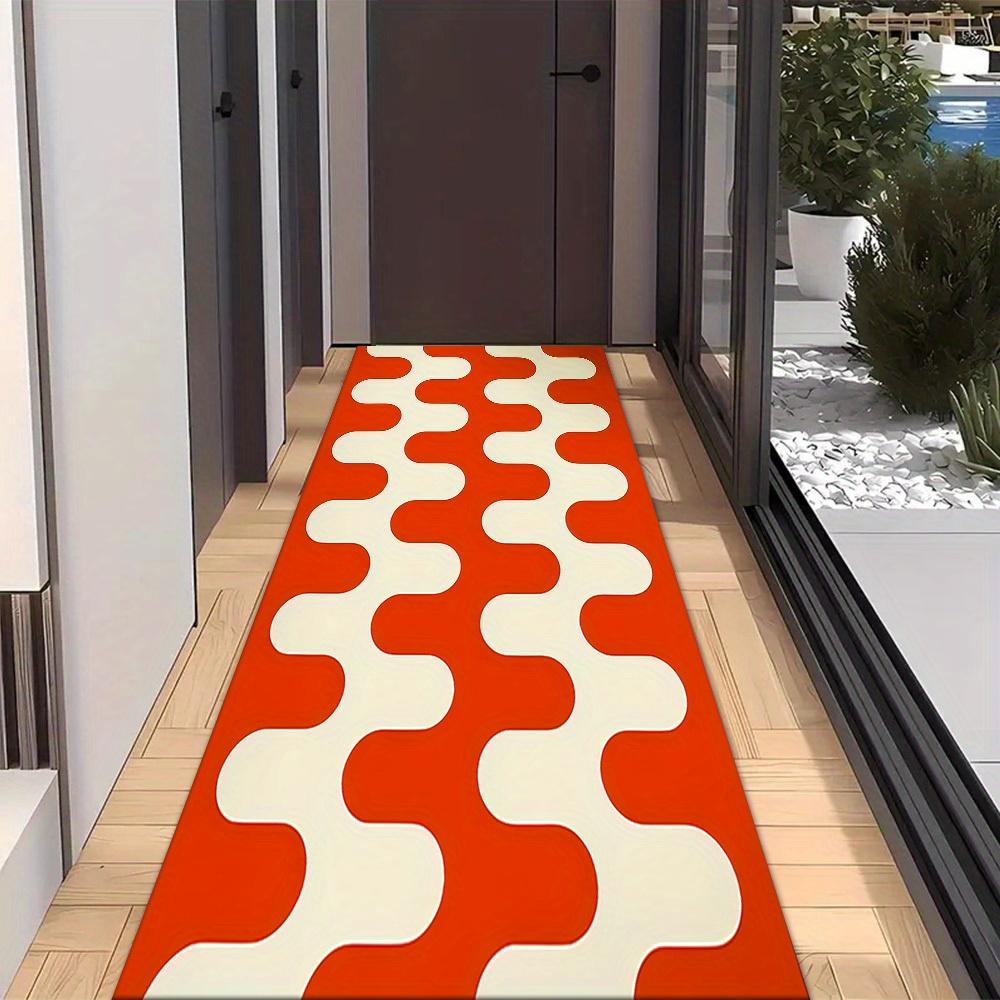 Retro Orange & White Wavy Geometric Print Runner Rug, Non-Slip Washable Durable Mat for Entryway, Hallway, Bedroom & Home Decor