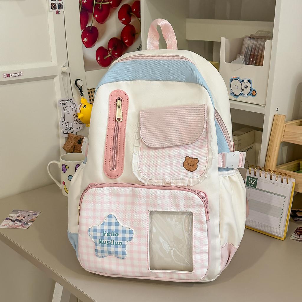 Schoolbag Fashion Polka Dot Backpack Women's Large Capacity Campus Junior High School Student School Bag Cute Transparent Splicing Plaid Backpack