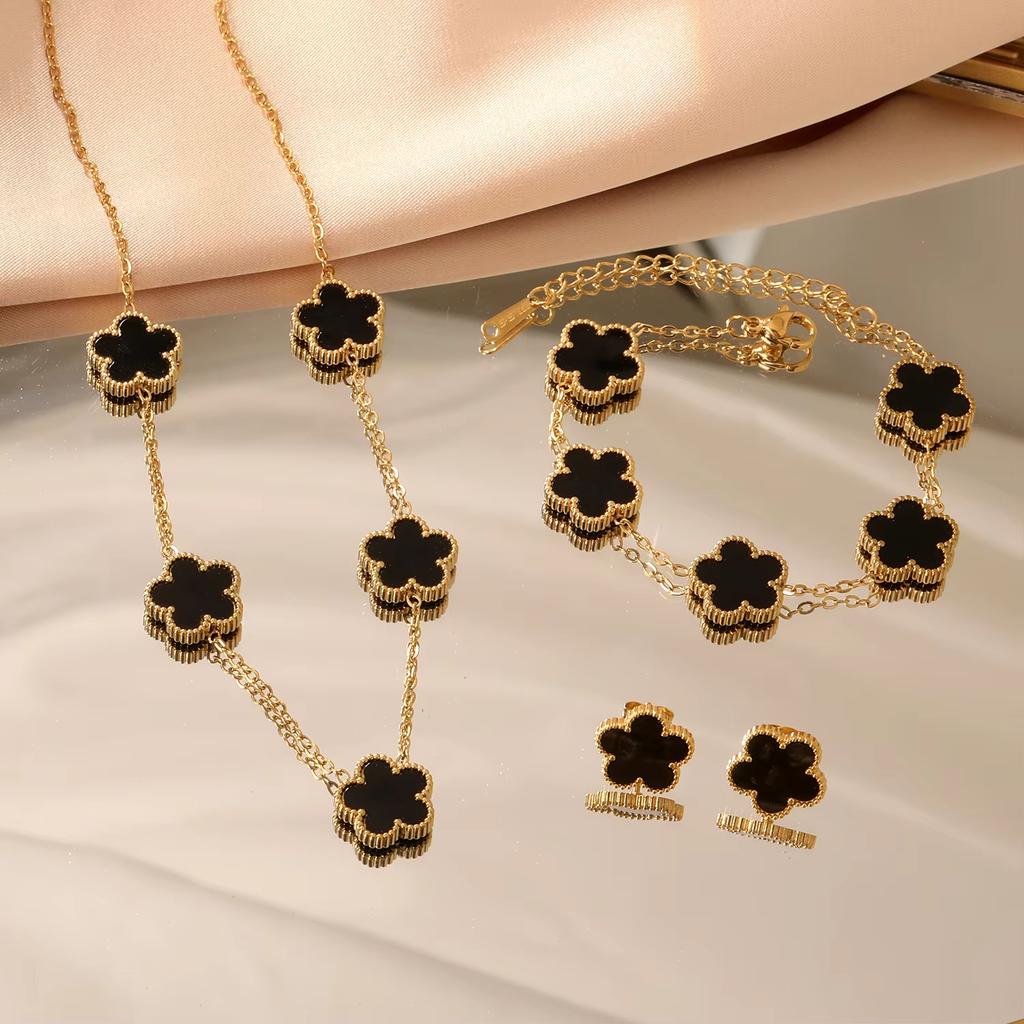 Fashion Flower Necklace Earrings Set Jewelry Women Stainless Steel White Shell Clover Bracelet Jewelry Accessories