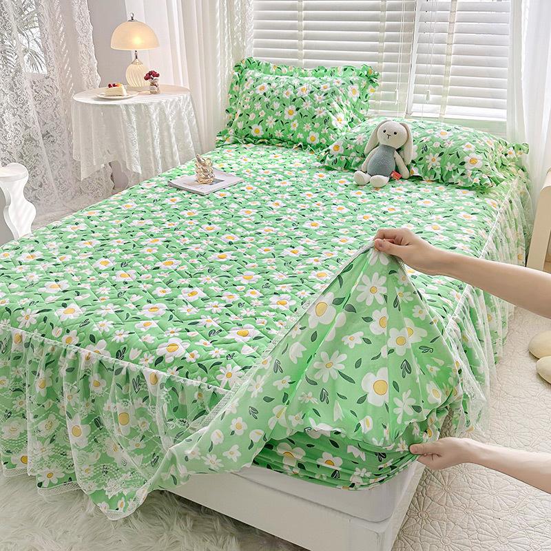 Sábana ajustable acolchada dos en uno, falda de cama, colcha antideslizante de encaje, Funda de colchón