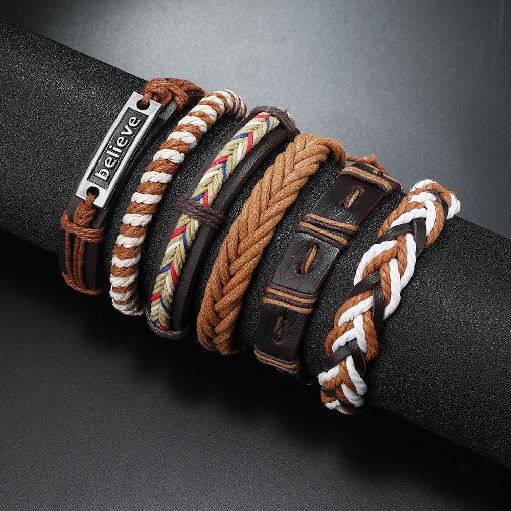 Believe Alloy Nameplate Leather Woven Bracelet, Men's Cross-border Hot-selling Multi-layer Set Bracelet Hand Rope Jewelry