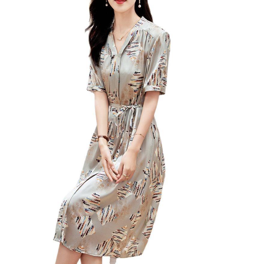 Printed silk dress women's medium and long  new heavy mulberry silk skirt