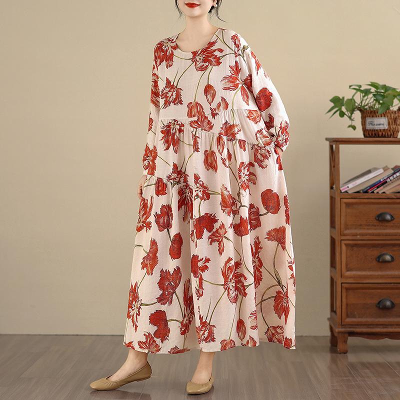 

DIMANAF Новий 2025 Жіноча Великий Розмір Весняна Довга Сукня Вільна Базова Вінтажна Оверсайз Довгий Рукав Максі Квіткова One size