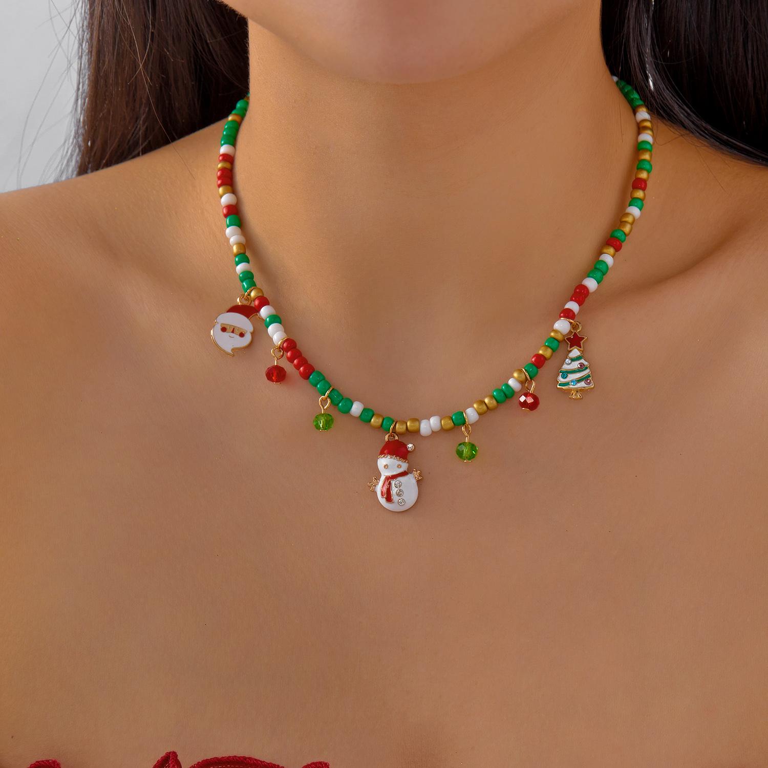 

Cute Christmas Snowman Bead Necklace for Women Girls Cartoon Santa Claus Bell House Choker Chain Festival Party Jewelry Gift