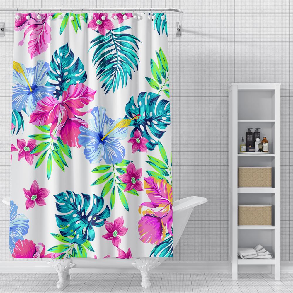 

Tropical Leaves Shower Curtain Flowers Pattern Bath Curtain Waterproof Polyester Fabric Bathroom Curtains With Hooks W60H190(CM)-1 Pcs