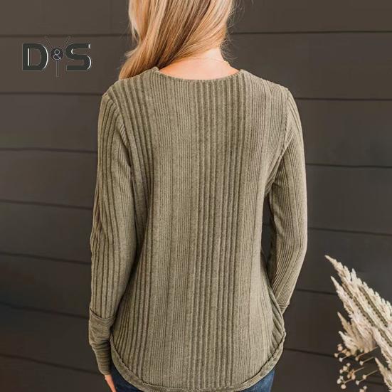Women Autumn Tops Long Sleeve V-Neck Knitting Tops Solid Color Ribbed Casual Knitting Shirt Daily Wear