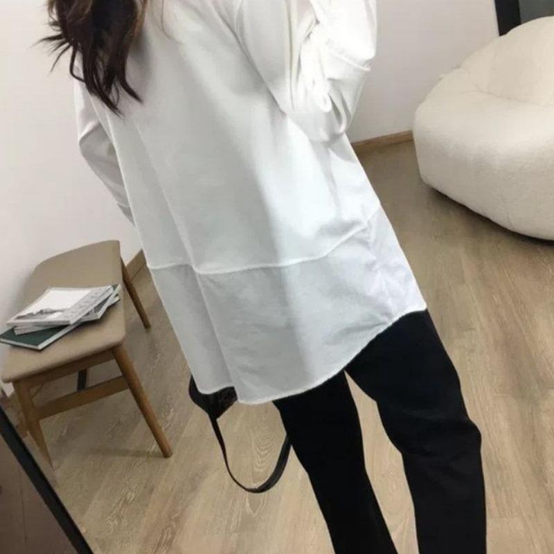 Tricou alb cu mânecă de cămașă în mozaic T-shirt de bază pentru femei, toamnă, iarnă, cu lungime medie, cu design elegant Bluze și cămăși cu mâneci lungi