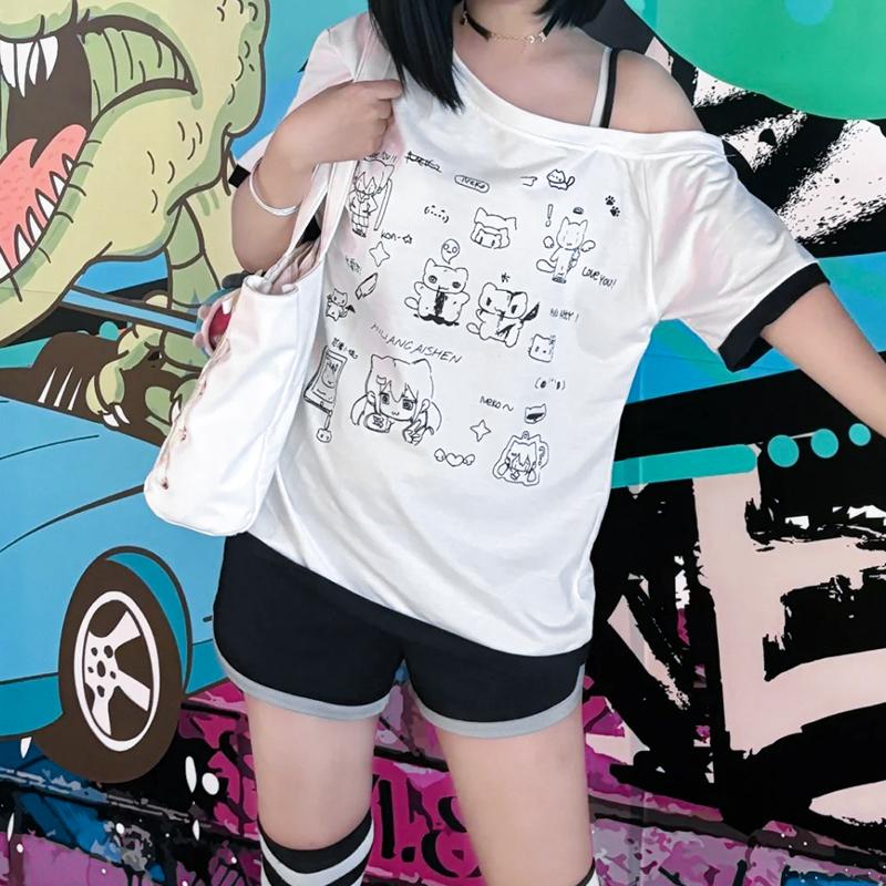 Japanese Y2k Subculture Cute T Shirt Off-shoulder White Short-sleeved Summer T-shirt Woman Cartoon Print Sweet Harajuku Tees
