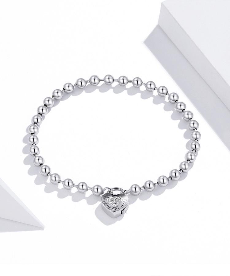 European & American Sterling Silver White Gold Plated Beaded Bracelet, Unisex, Versatile, S925, SCB203