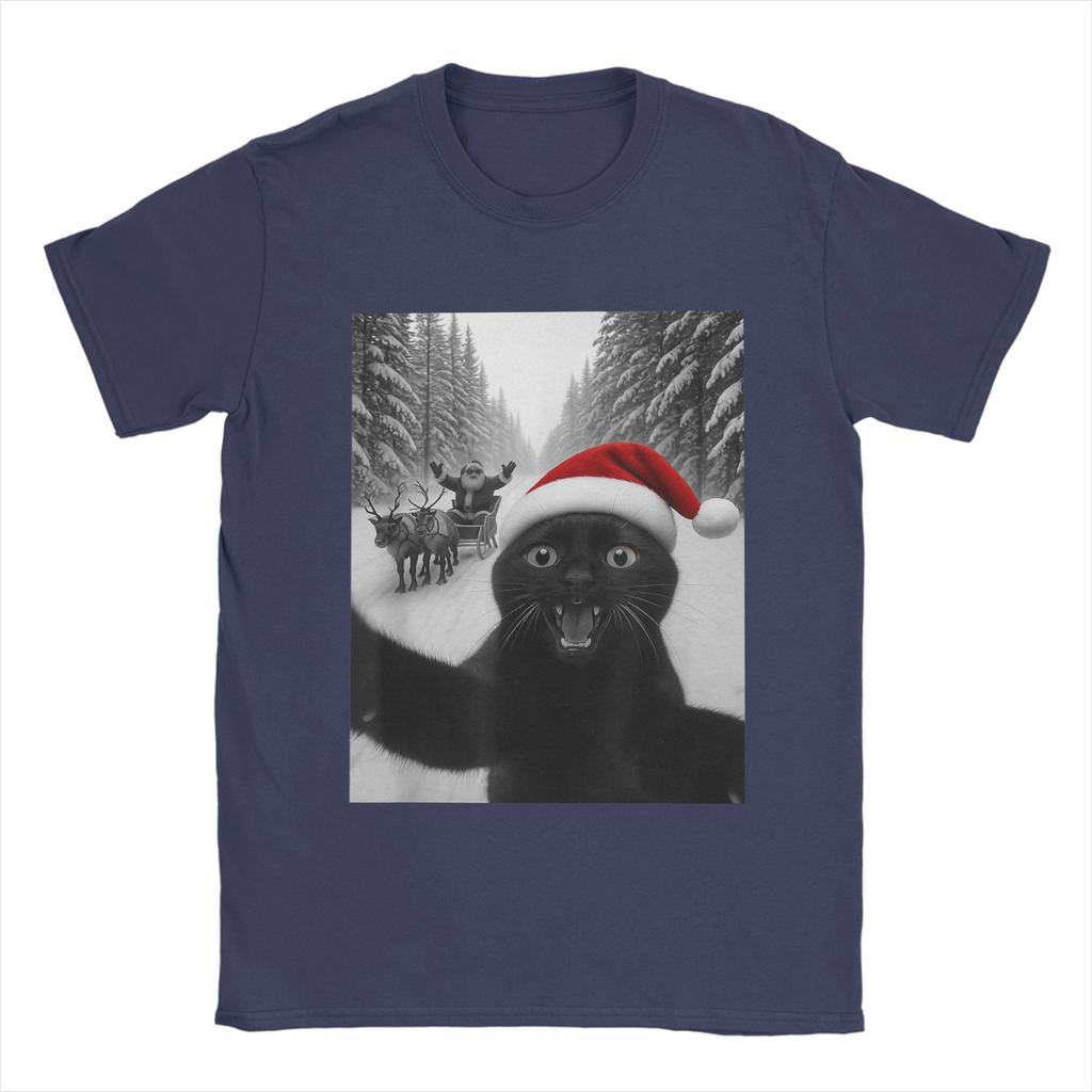 Lustiges Katzen-Selfie mit dem Weihnachtsmann Weihnachts-T-Shirts für Herren Tolle T-Shirts Kurzarm Rundhals-T-Shirts Neu eingetroffene Kleidung