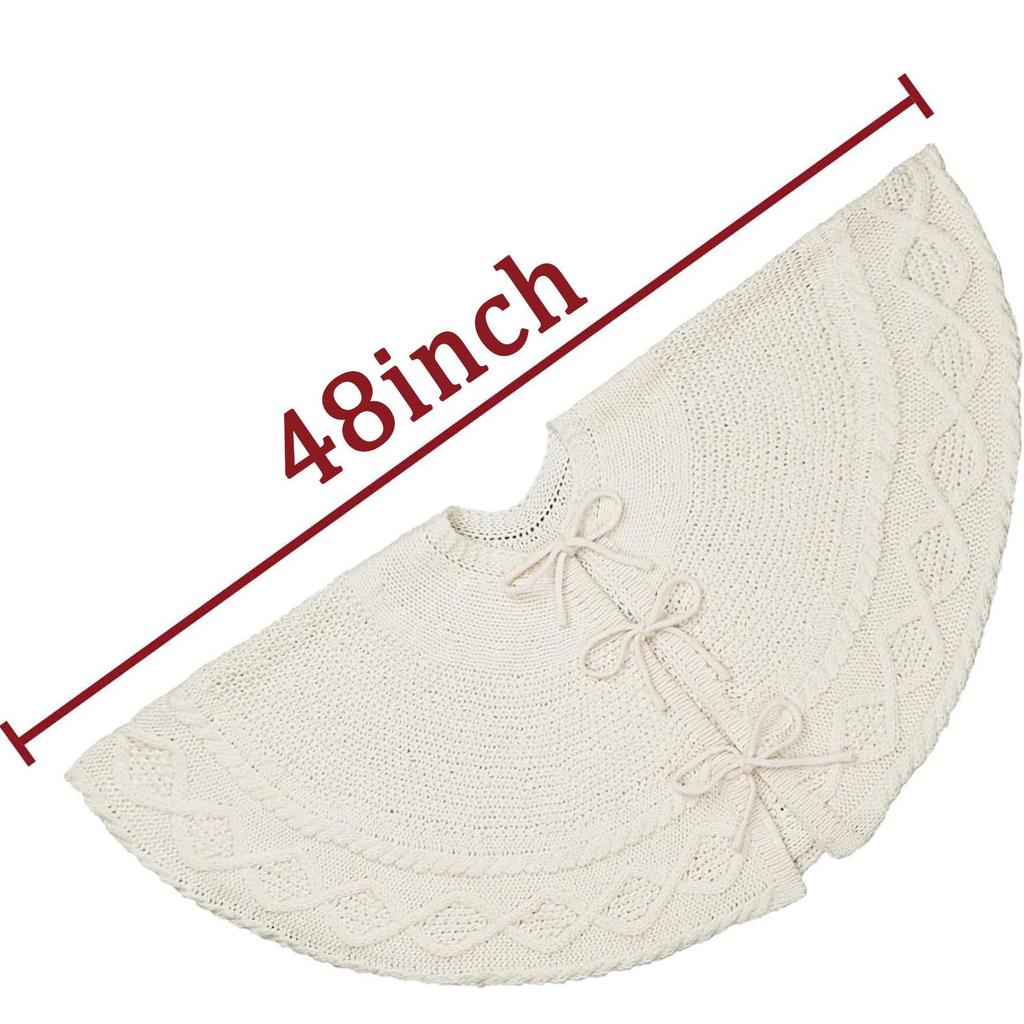 White Knitted Christmas Tree Skirt with Tie-Up Apron