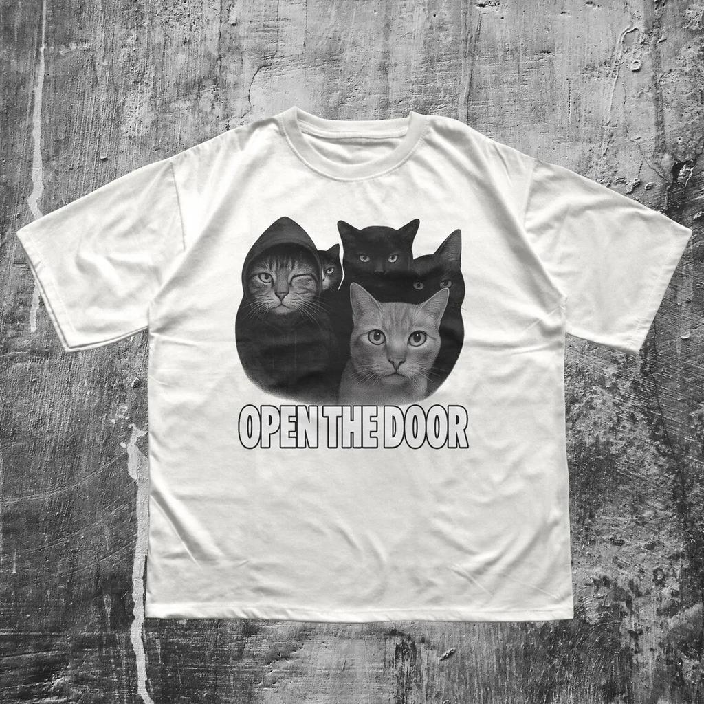 2026 Summer Fashion Open The Door Cats Printed T-shirt Cat Meme T-shirt Ladies' Comfortable Plus Size Home Clothing Lover Shirt