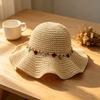 Women Hat Wide Brim Adjustable Strap Hollow Crochet Straw Hat Breathable Foldable Summer Outdoor Sun Hat