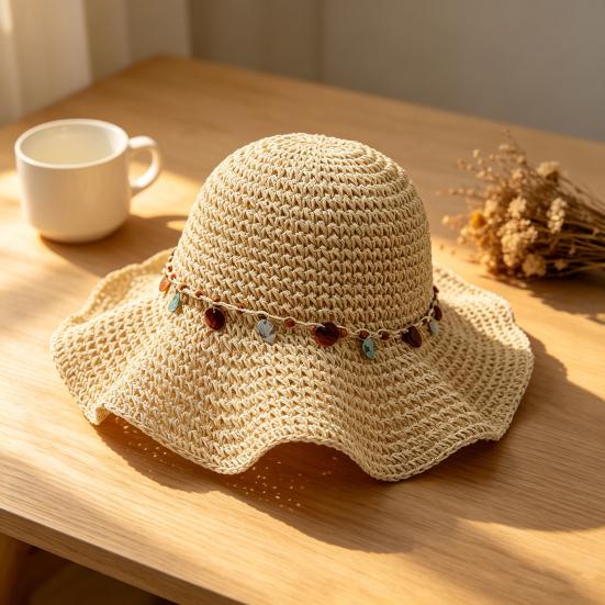 Women Hat Wide Brim Adjustable Strap Hollow Crochet Straw Hat Breathable Foldable Summer Outdoor Sun Hat