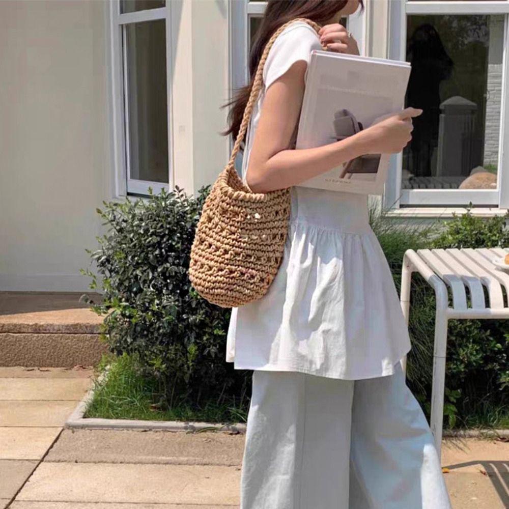 Solid Color Crochet Tote Bag Braided Knitted Shoulder Bag Cute Beach Bag Ladies/Girls