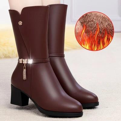 Mittelhohe Absatz Strass Warme Leder Halbstiefel für Damen Herbst Winter Trend Elegant Fleecegefütterte Mid-Calf Schuhe