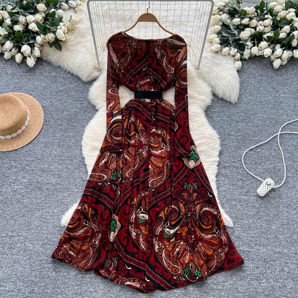 

Шикарна сексуальна сукня з принтом, сітчаста, з драпіруванням, з довгим рукавом, казкова повсякденна А-силуету, осінь-зима, сукні жіночі, вечірня сукня XXL вина червоного кольору