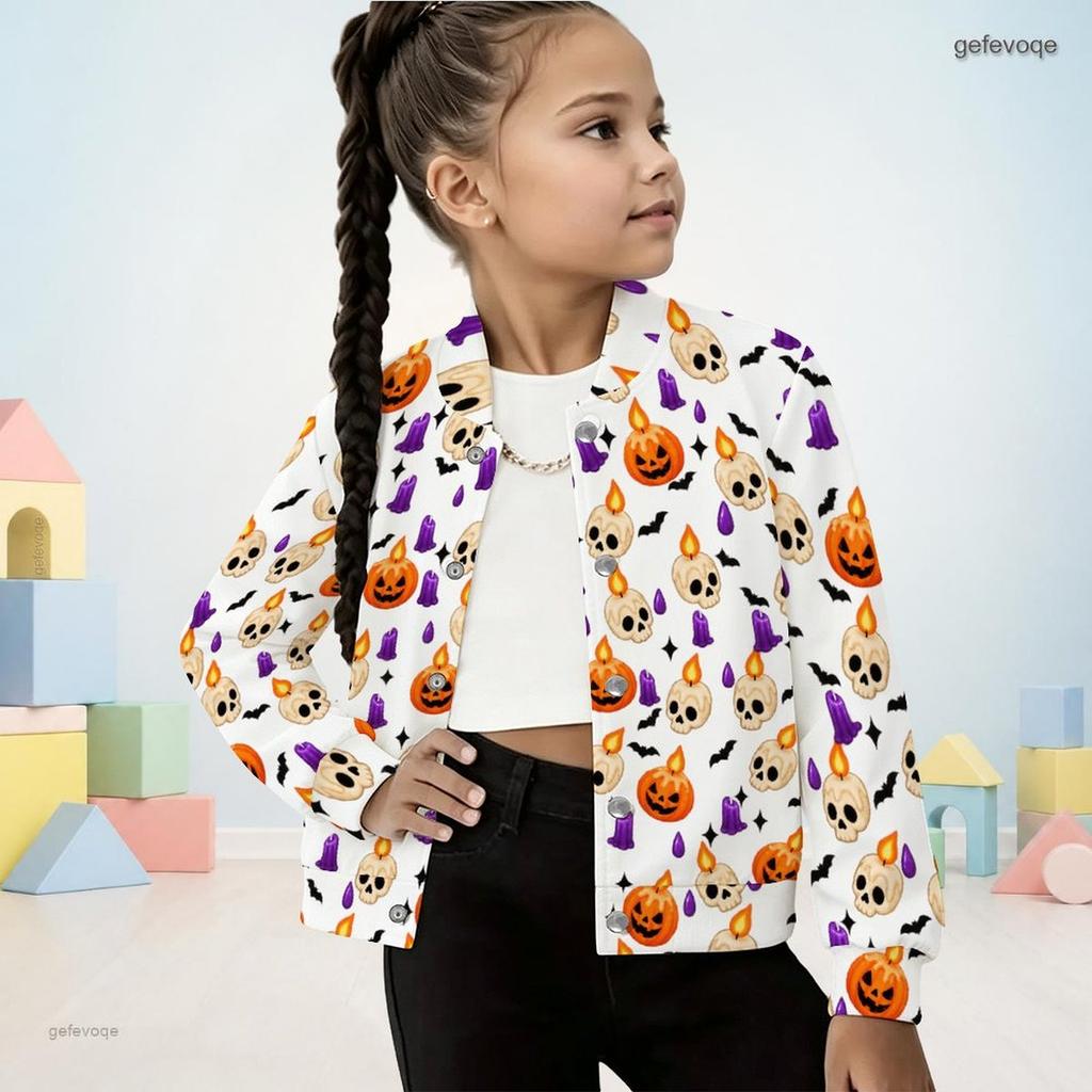 Girls Stand Collar Long Sleeve Cartoon Werewolf Moon Star Print White Jacket