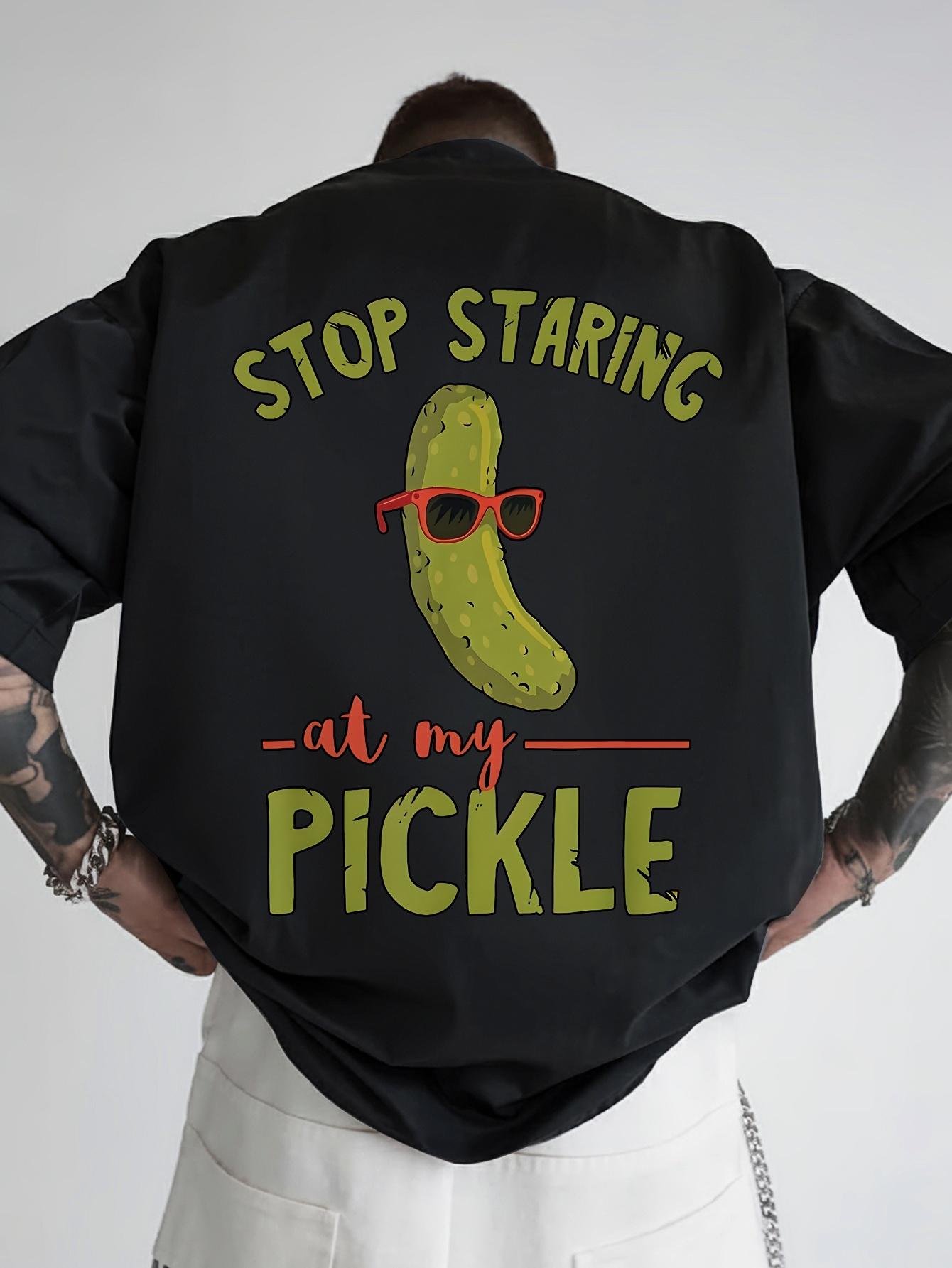 Stop Staring at My Pickle Graphic T-shirt - Casual Summer Tee with Cucumber & Fashion Glasses Design S