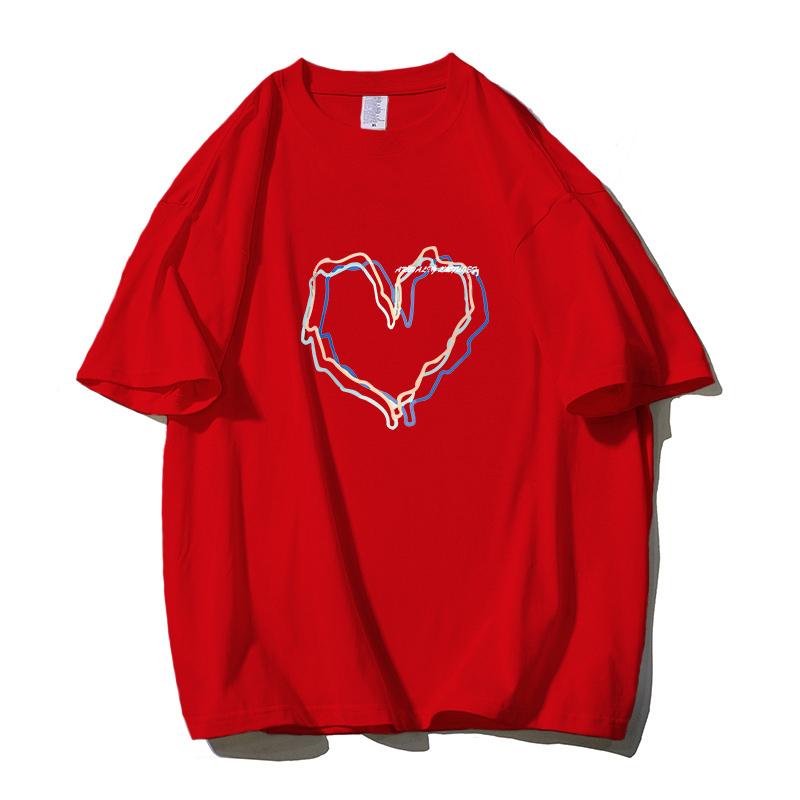 Shellsuning Loose O Neck Cotton Printed Shirts Women Summer Kawaii Heart Graphic Tees Female Casual Short Sleeve Base Black Tops