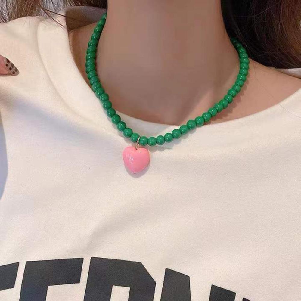 Colorful Beaded Necklace Love Heart Pendant Neck Chain Vintage Clavicle Chain