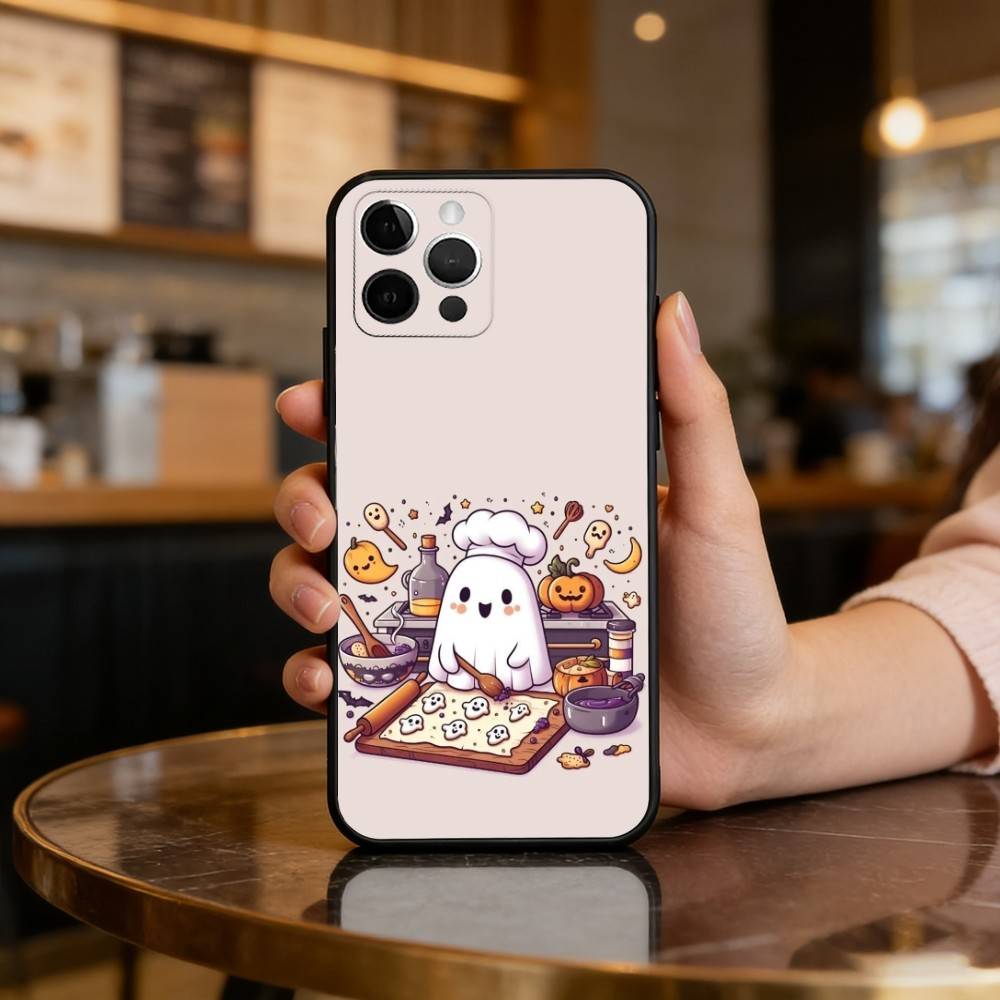 C-Cute Ghost Halloween Phone Case For iPhone 17,16,15,14,13,12,11 Plus,Pro Max,Soft Silicone Black Cover