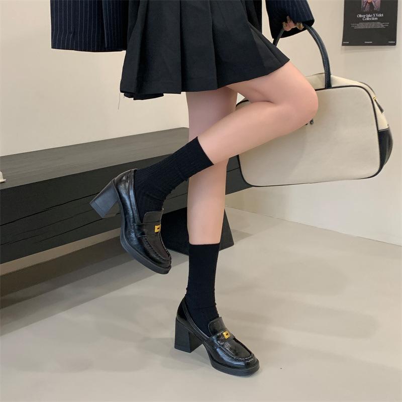 Retro British Style Loafers 2025 New Platform High Heels Small Leather Shoes Lazy One Pedal Thick Heel Single Shoes