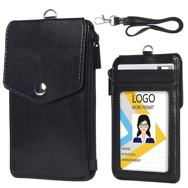 Multi-card Slot Student ID Credit Card Badge Cover PU Leather Work Card Holder Coin Zipper Bag Card Sleeve Wallet with Lanyard