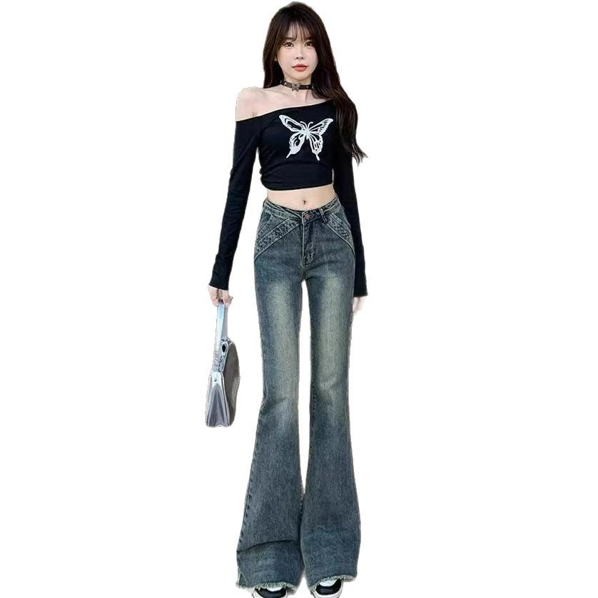 Pear-shaped large-size slightly pulled jeans women's autumn new nostalgic blue fat mm rough-edged high-waisted thin flared pants